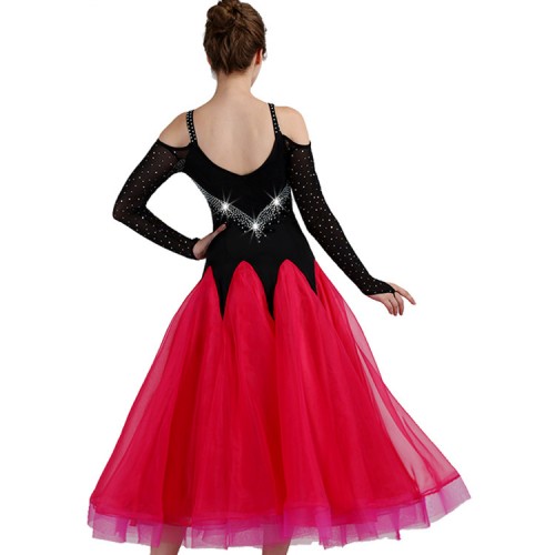 Competition ballroom dresses for women girls competition big skirted long length black and fuchsia professional waltz modern dress